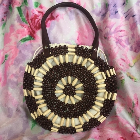 NWOT Studio Collection Beaded Circular Brown & Cream Handbag Purse - Picture 2 of 13